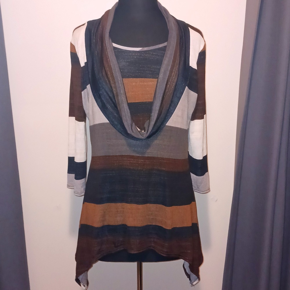 Boho Fall Flowy Earthy Coco Bianco Striped Metallic Sharkbite Tunic Top M